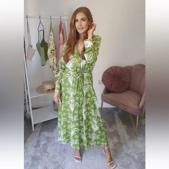 Zara Printed A-Line Midi Dress in Green and White XS NWOT - Picture 8 of 16